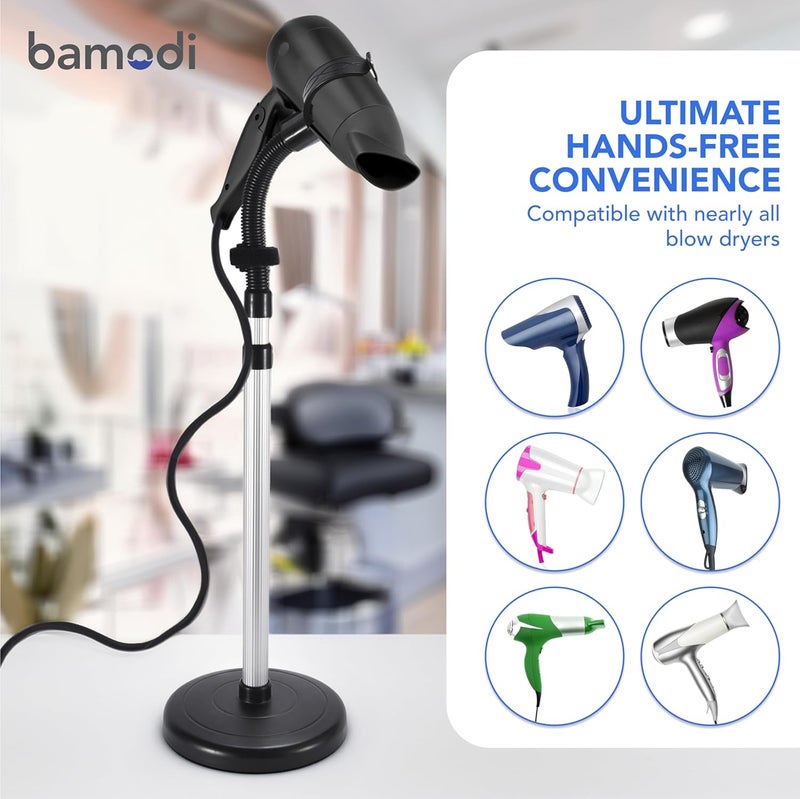 Bamodi Hair Dryer Holder Black - Hands-Free Hair Drying Metal Stand with 360° Rotation, Adjustable Height - Countertop or Wall Mount - Stylish and Convenient Storage Solution for Bathroom - Image 4